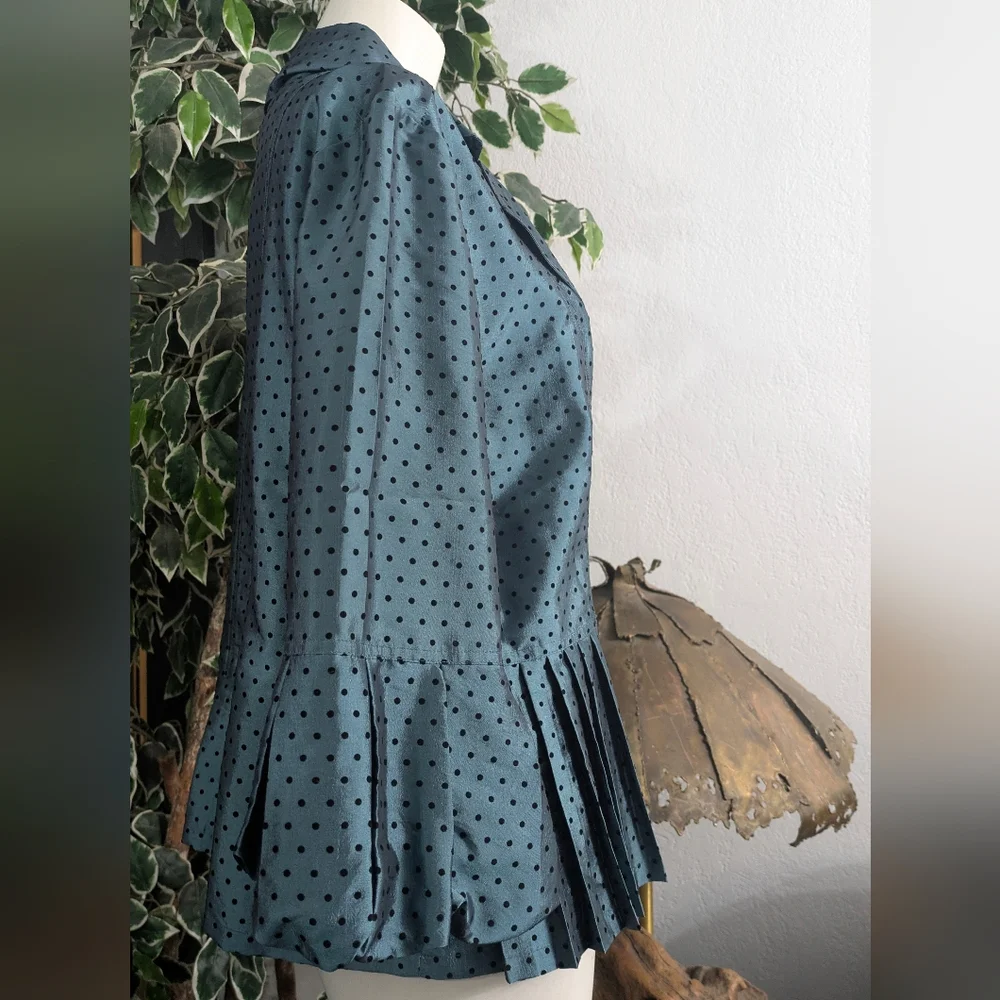 Dressbarn Collection Teal Black Polkadot Pleated Bell Sleeves Womens Blouse Top - Picture 3 of 9